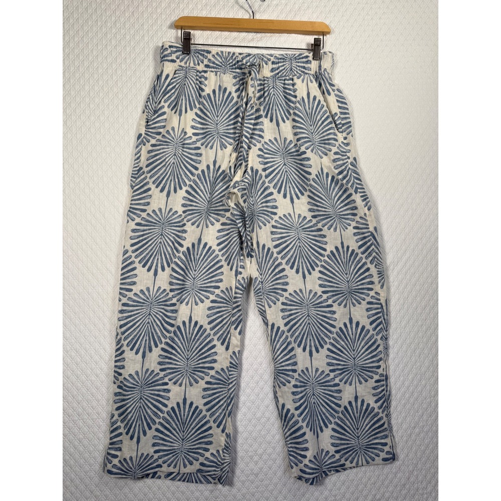 Joie Womens Blue White Palm Leaf Print 100% Linen Wide Leg Cropped Pants M